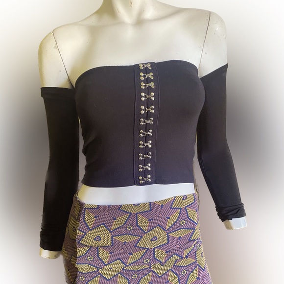 Ladies off shoulder crop goth top blouse emo skater punk scene club bodycon vamp - Picture 2 of 3